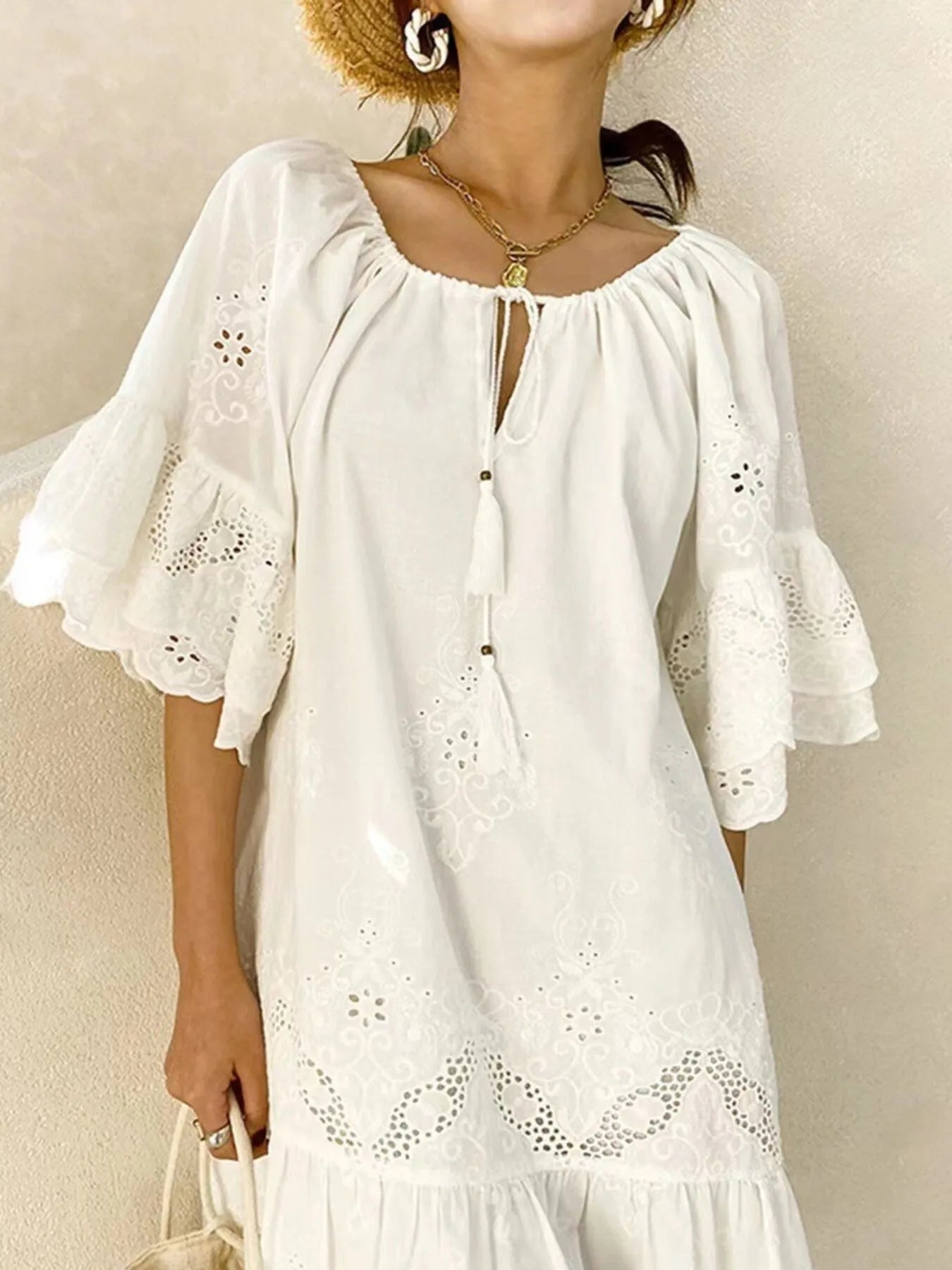Eyelet Embroidered Tassel Tie Neck Dress - Ruffled.