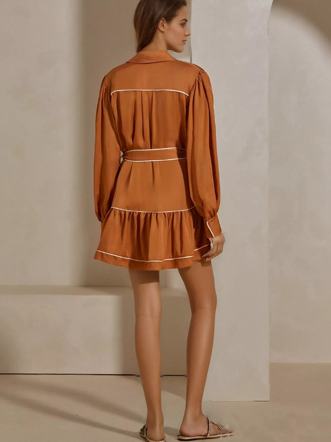 Button Front Long Sleeve Shirt Dress - Tiered & Belted.