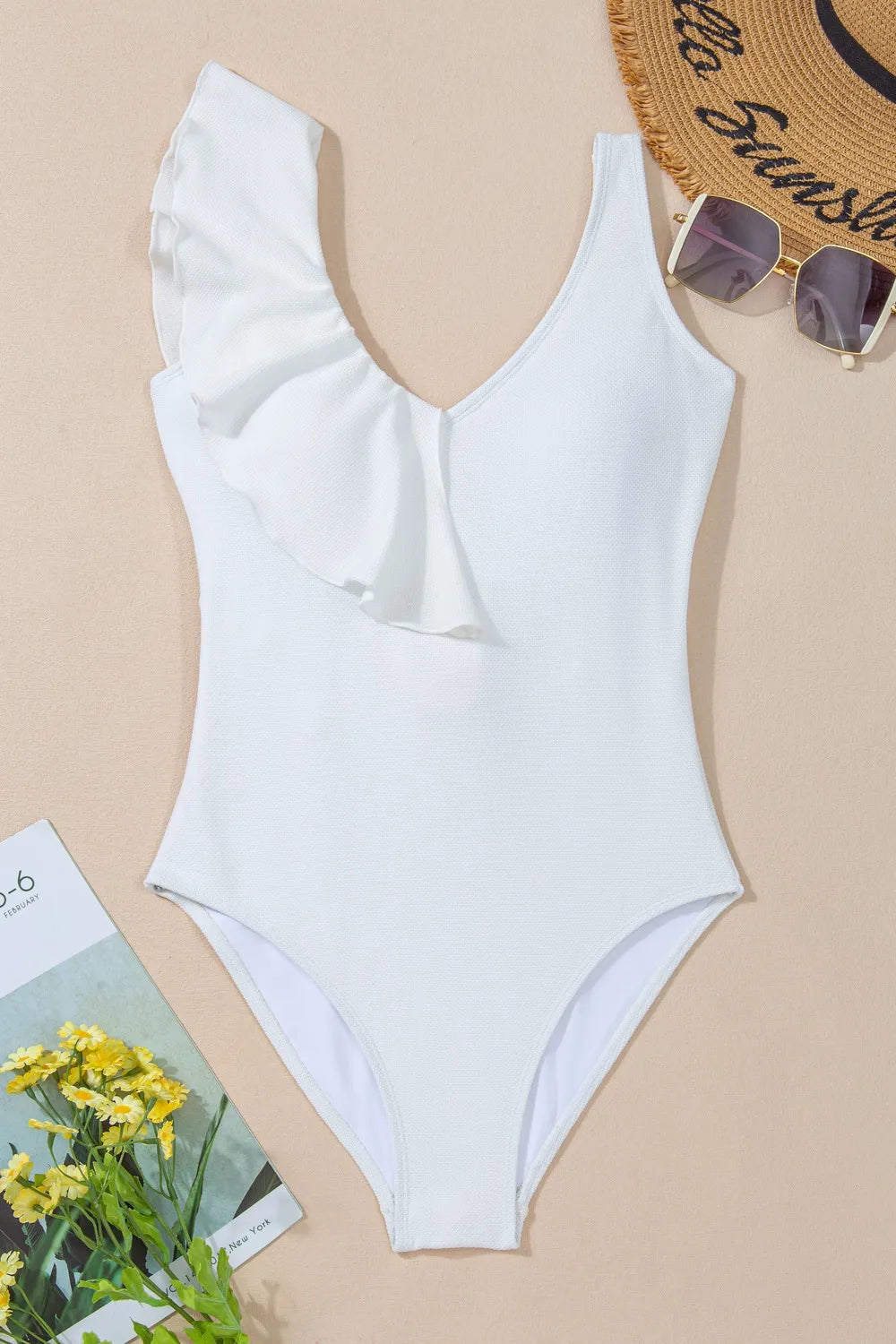Ruffled V-Neck Wide Strap One-Piece Swimwear with Tie.