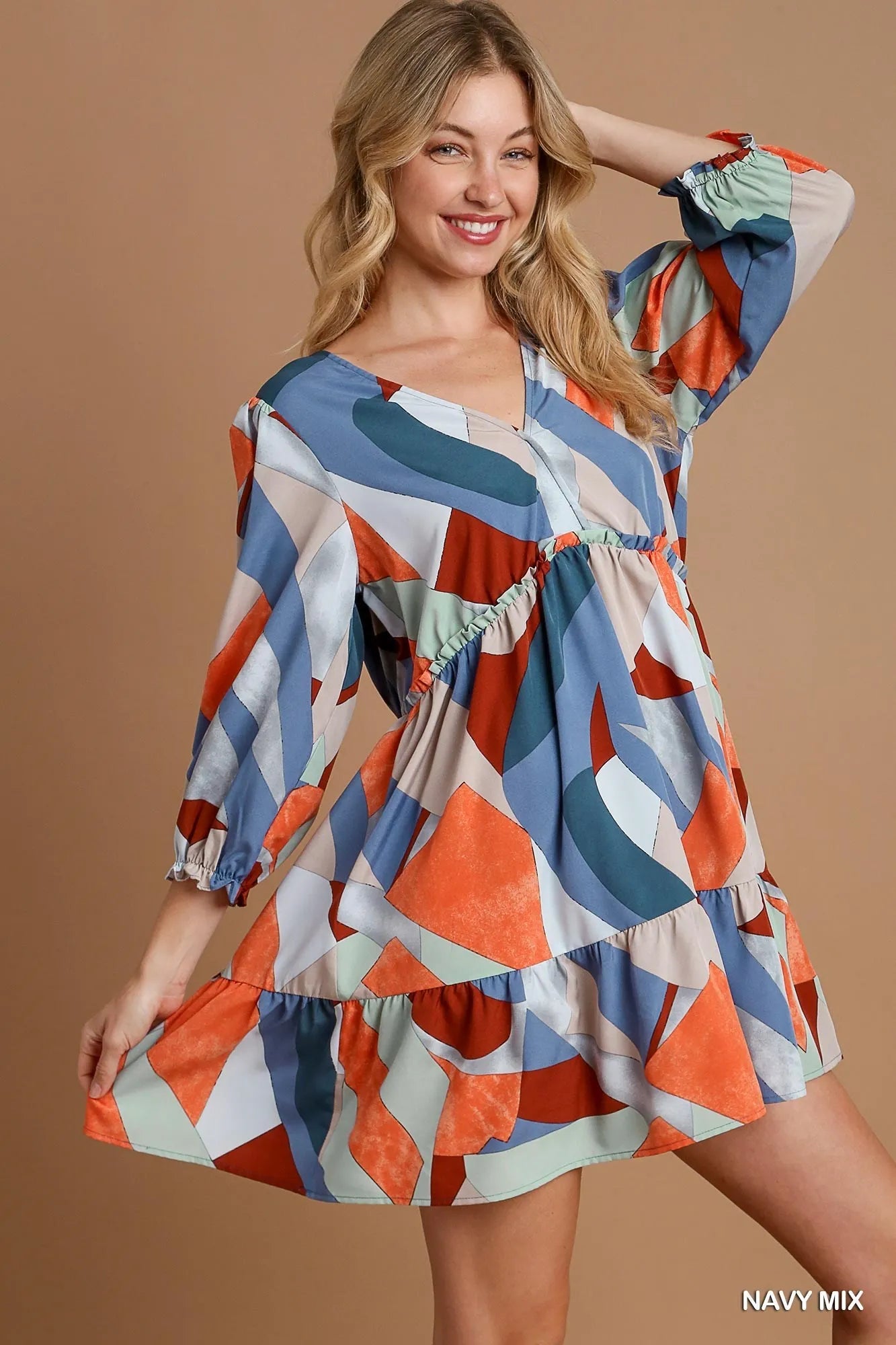 Abstract V-Neck Tiered Printed Dress with Ruffles.