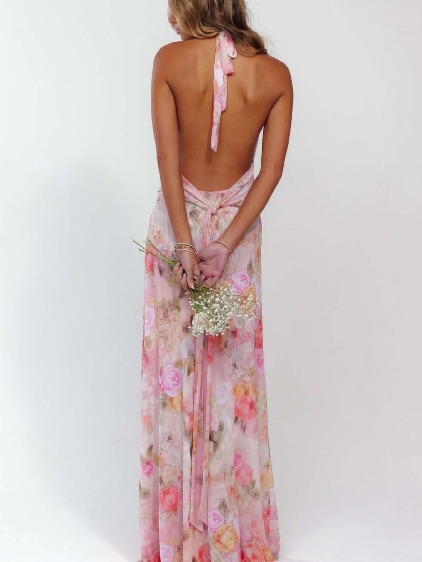 Floral Halter Neck Deep V Maxi Dress - Backless & Ruched.