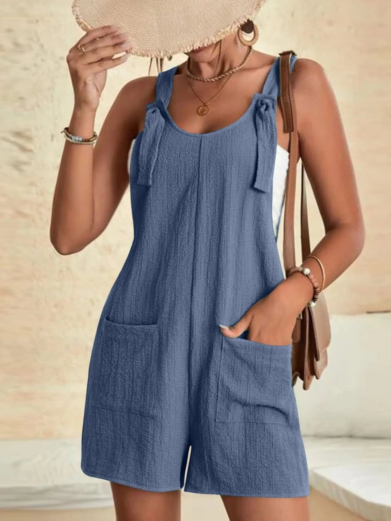 Plus Size Knot Strap Romper with Pockets.