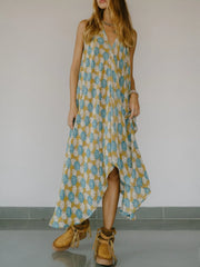 Asymmetrical Hem Printed Halter Neck Dress - Backless.