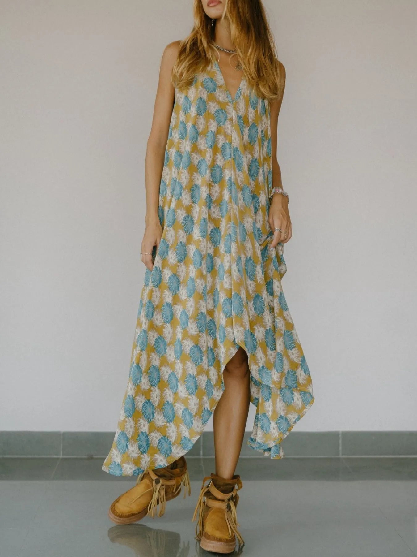 Asymmetrical Hem Printed Halter Neck Dress - Backless.