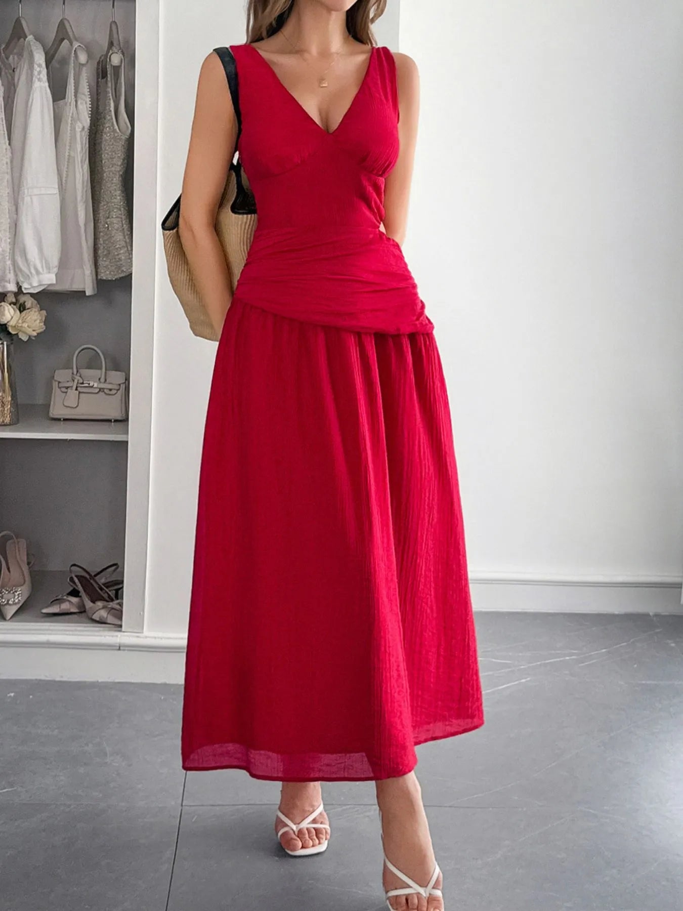 Cutout V-Neck Sleeveless Midi Dress - Ruched.