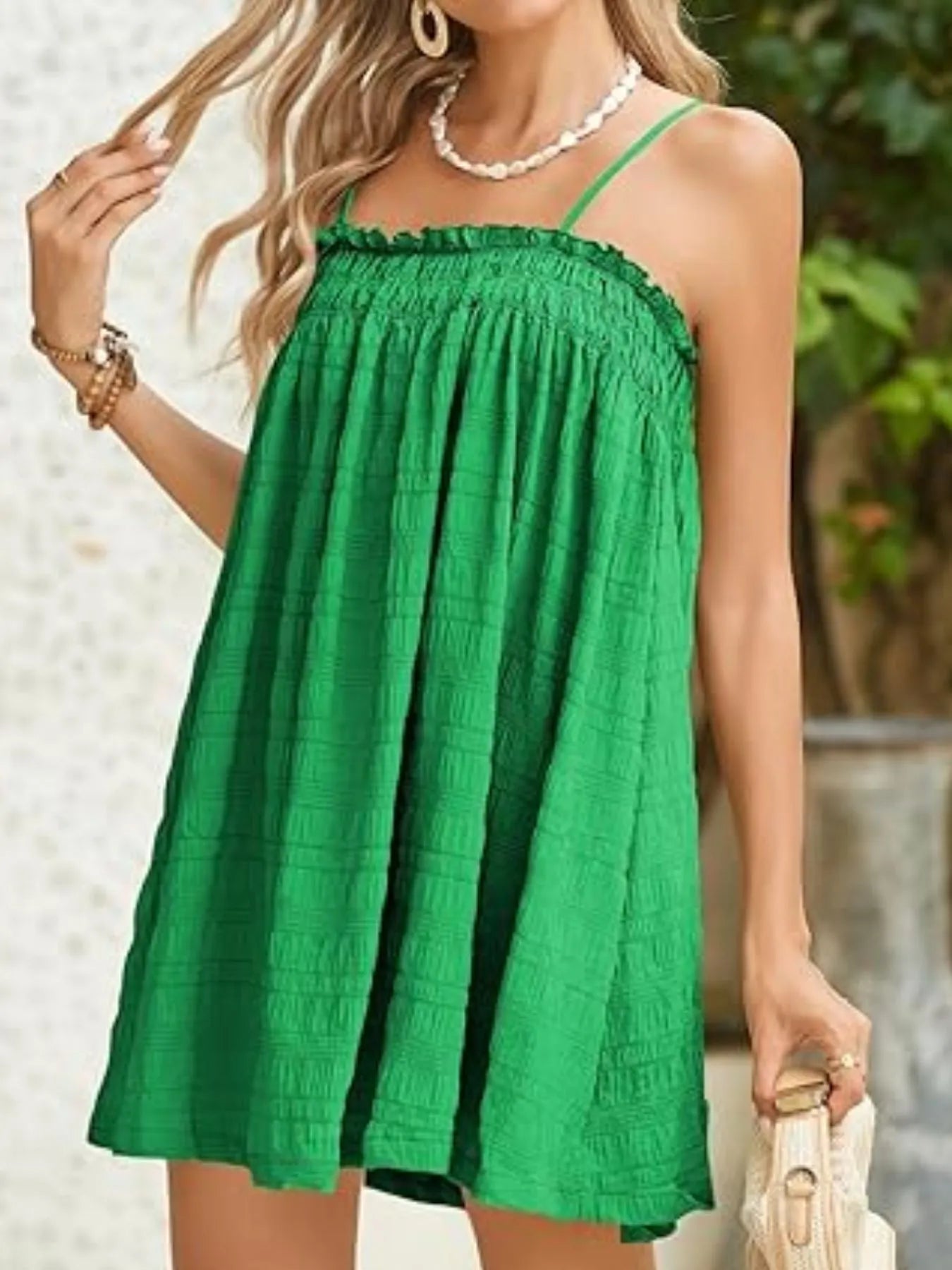 Frill Tiered Tie Shoulder Mini Dress - Lined.
