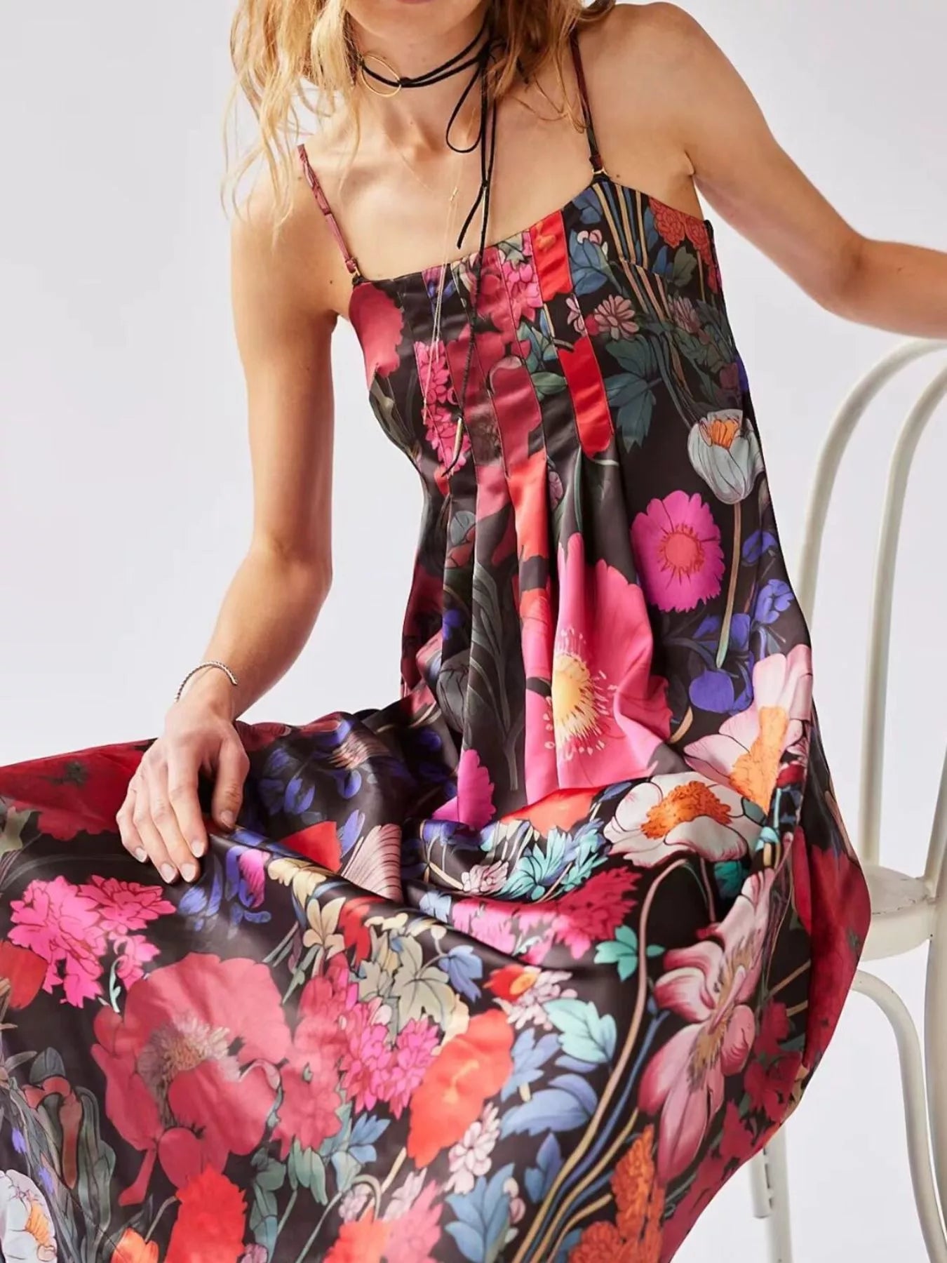 Floral Print Smocked Midi Dress with Front Slit - Ruffled & Tied.