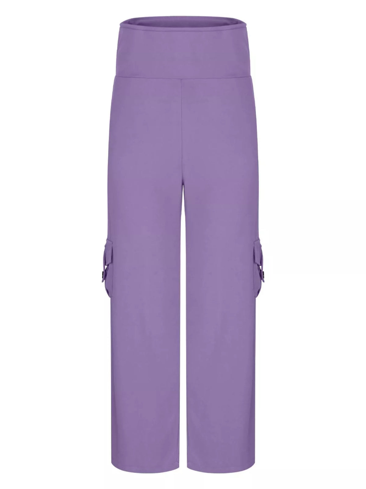 Purple high-waisted yoga pants with a wide-leg silhouette, smooth waistband, straight seams, and utility-style side pockets with flap details.