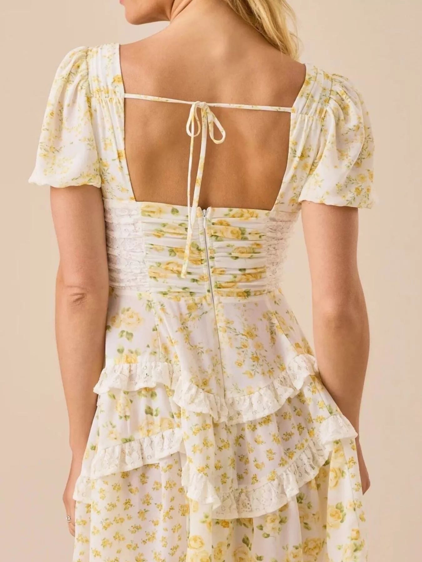 Floral Puff Sleeve V-Neck Mini Dress - Embroidered.