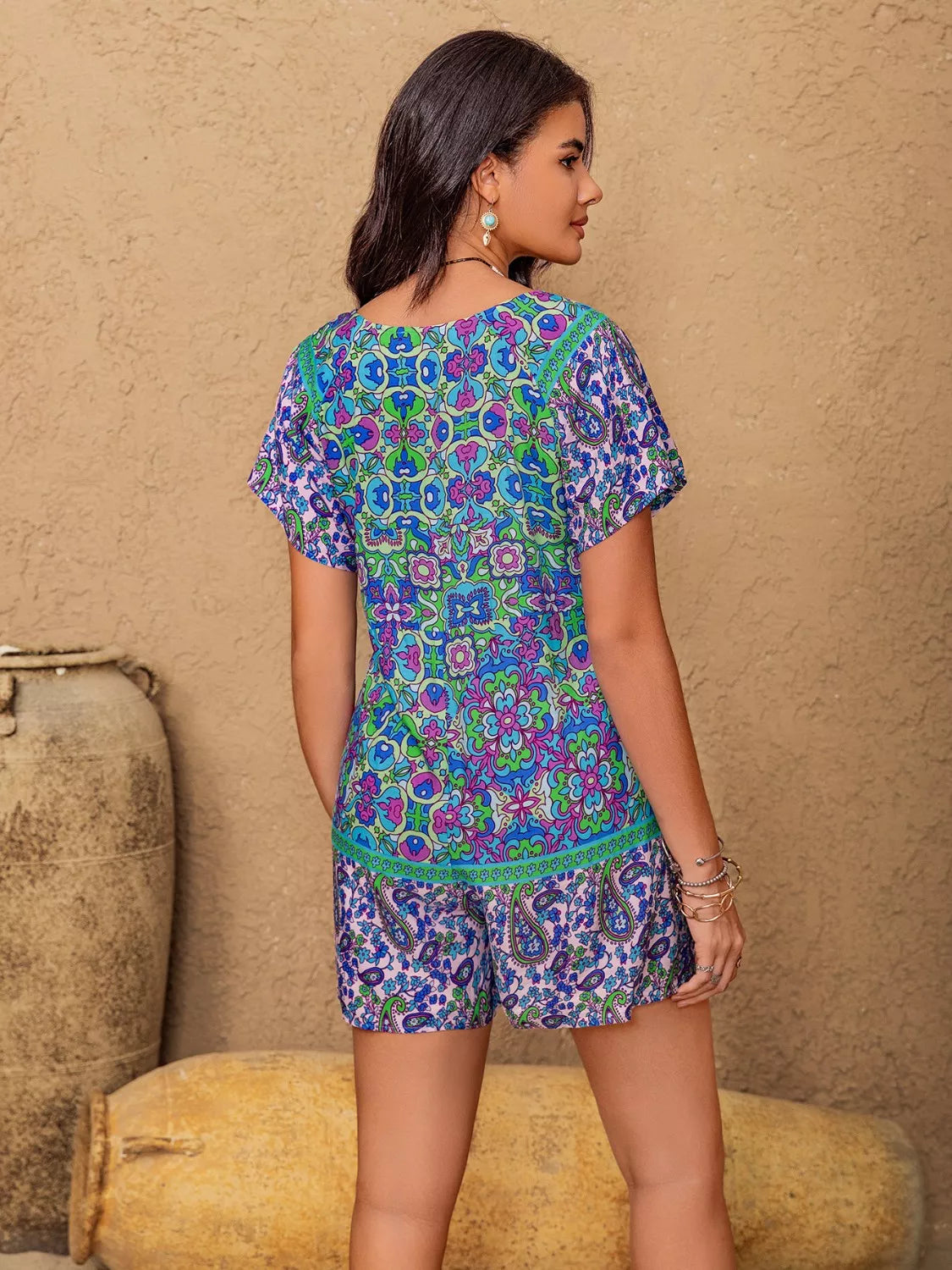Printed Tie Front Short Sleeve Romper.