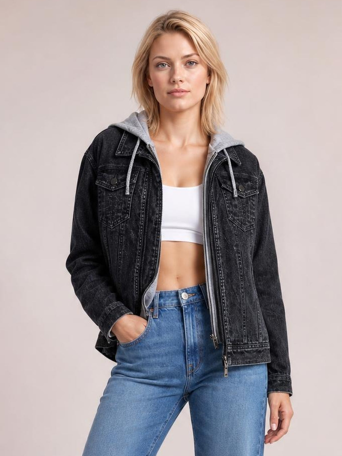 Fake Two-Piece Hooded Zip-Up Denim Jacket · Rule Full Body - Hero Full Body