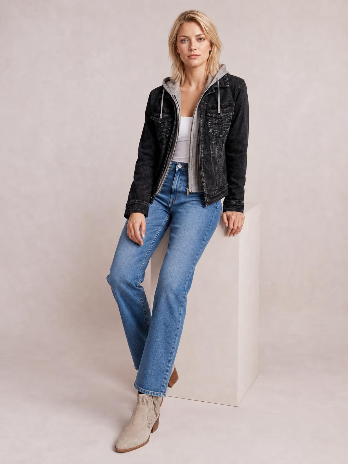 Fake Two-Piece Hooded Zip-Up Denim Jacket · Rule Full Body - Natural Movement