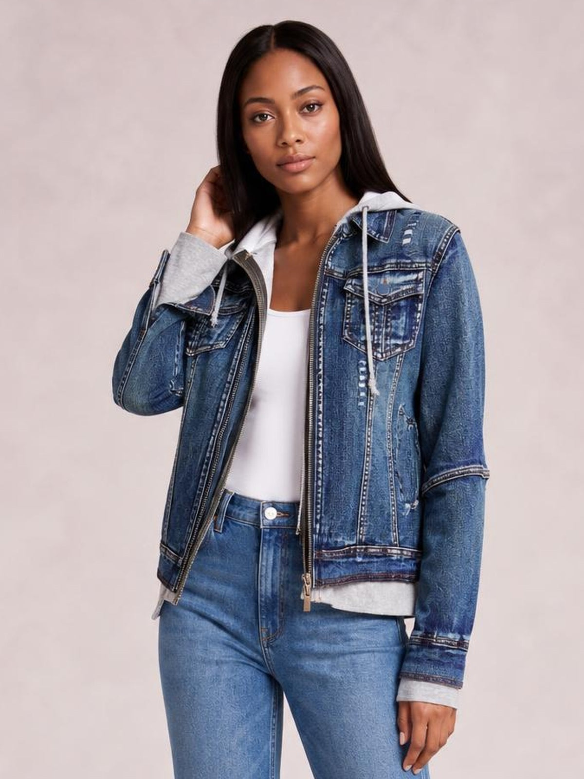 Fake Two-Piece Hooded Zip-Up Denim Jacket · Rule Full Body - Medium / Three-Quarter