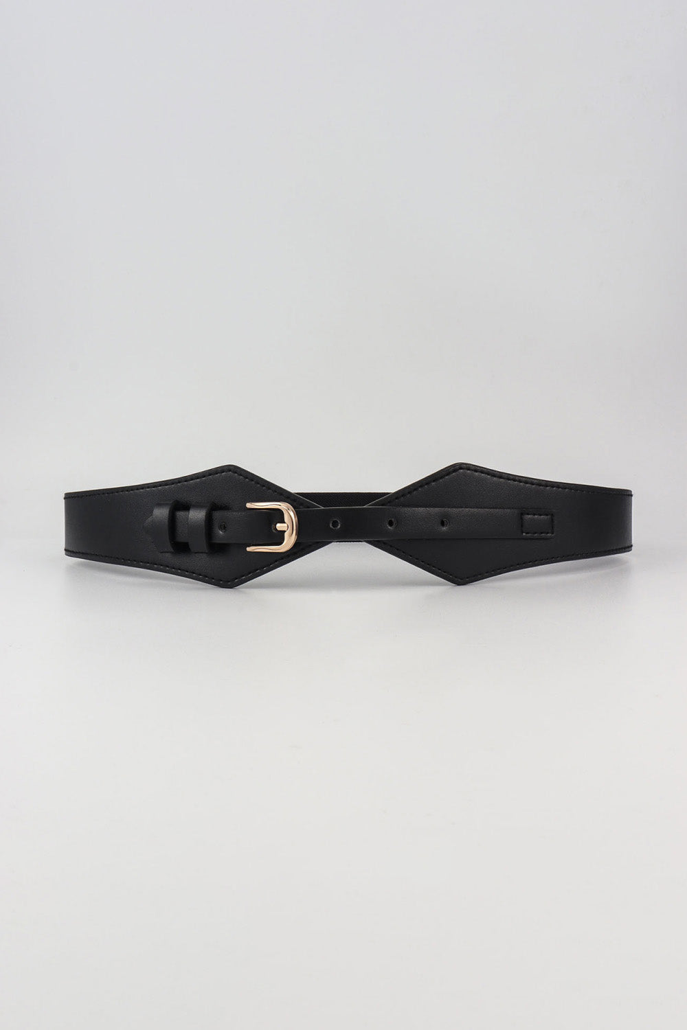 Black PU Fashion Geometric Elastic Belt with an angular pointed silhouette, gently tapered ends, stitched edges, adjustable holes, and a gold-tone alloy buckle.