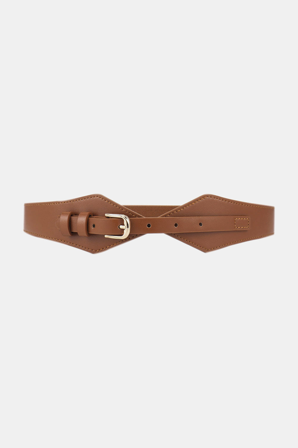 Brown PU fashion belt with a distinctive geometric pointed silhouette, stitched edges, adjustable holes, and a polished alloy buckle.