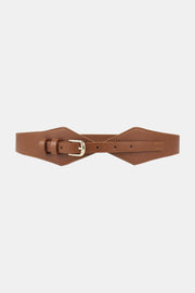 Brown PU fashion belt with a distinctive geometric pointed silhouette, stitched edges, adjustable holes, and a polished alloy buckle.