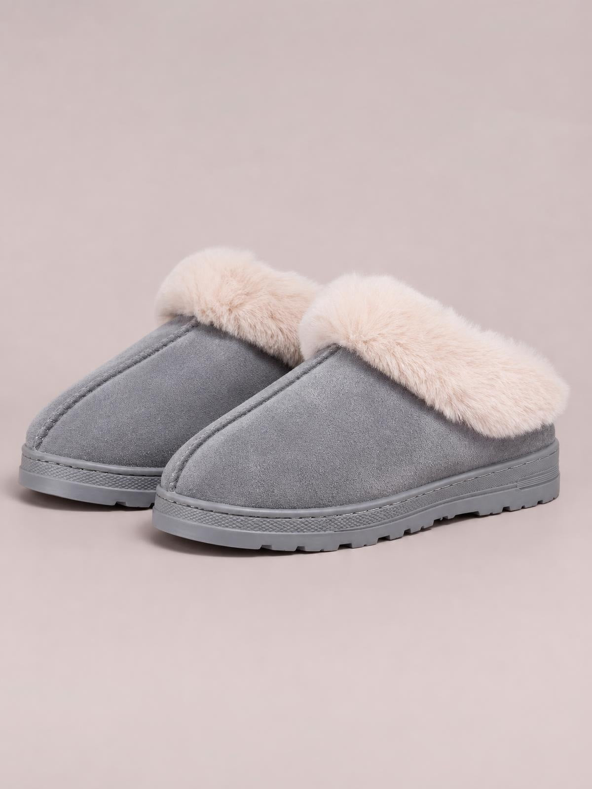 Gray faux fur round toe platform slippers with plush cream trim, stitched uppers, and thick rubber lug soles.
