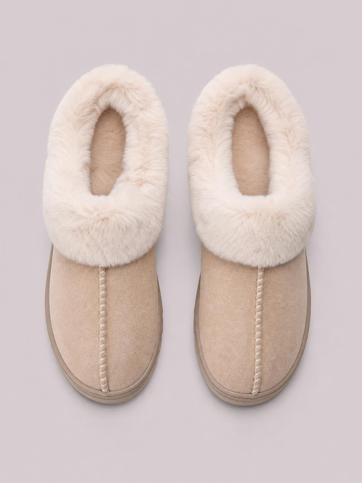 Cream faux fur round toe platform slippers with plush uppers, tan suede-like panels, contrast stitching, and flat rubber soles.