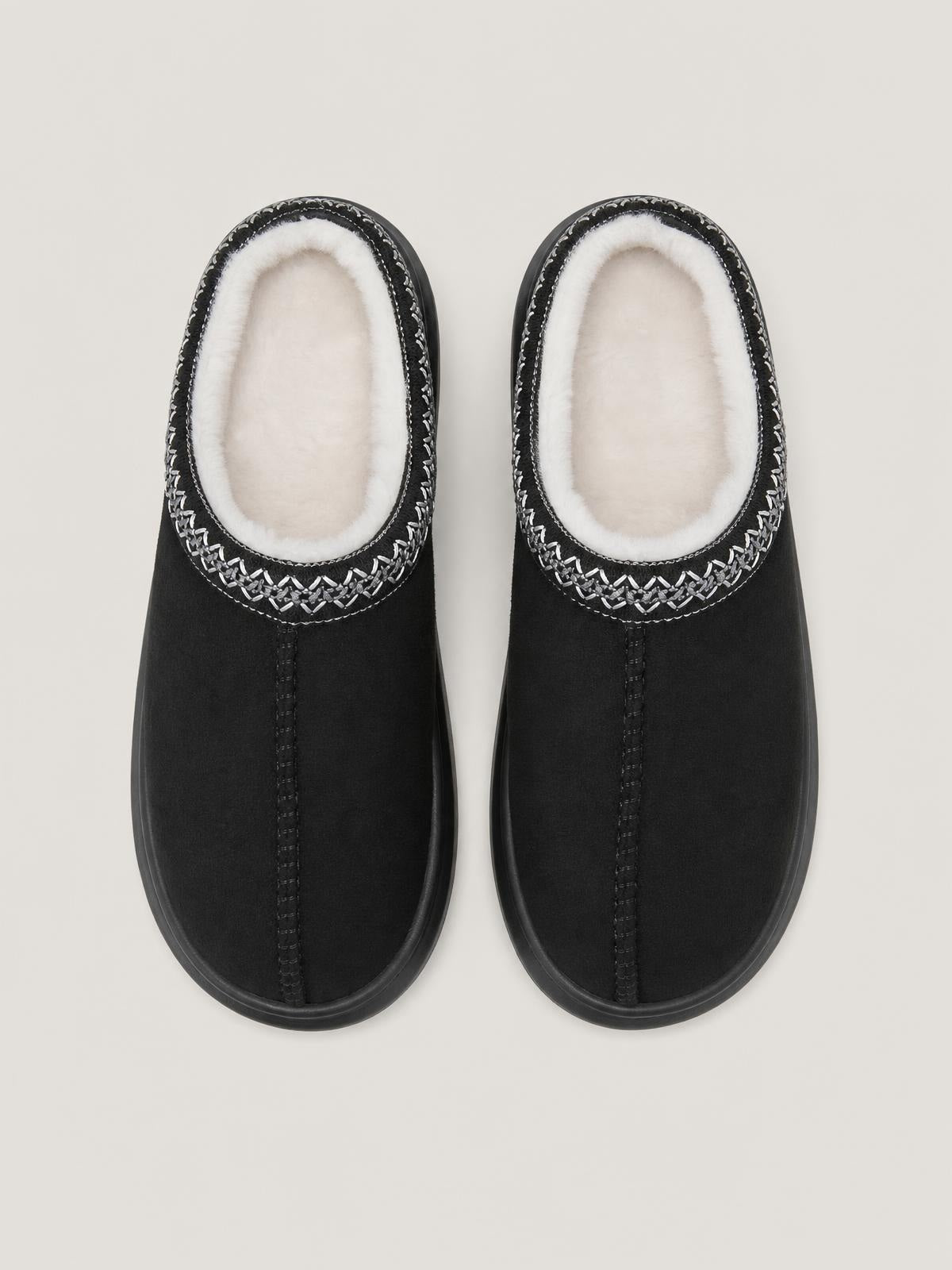 Pair of black suede platform slippers with soft white faux fur lining, contrast stitched trim, center seams, rounded toes, and flat rubber soles.