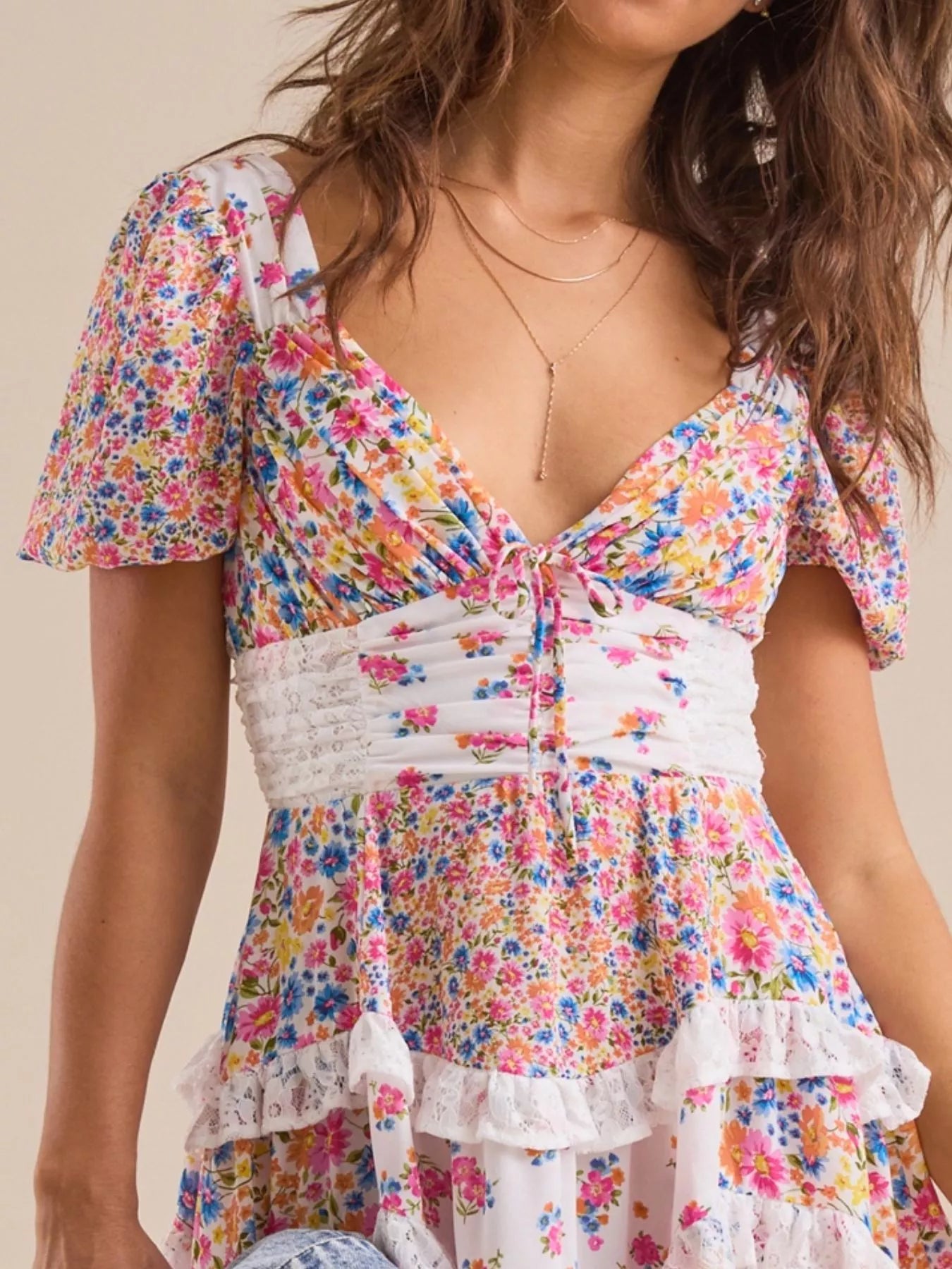 Floral Puff Sleeve V-Neck Mini Dress - Embroidered.