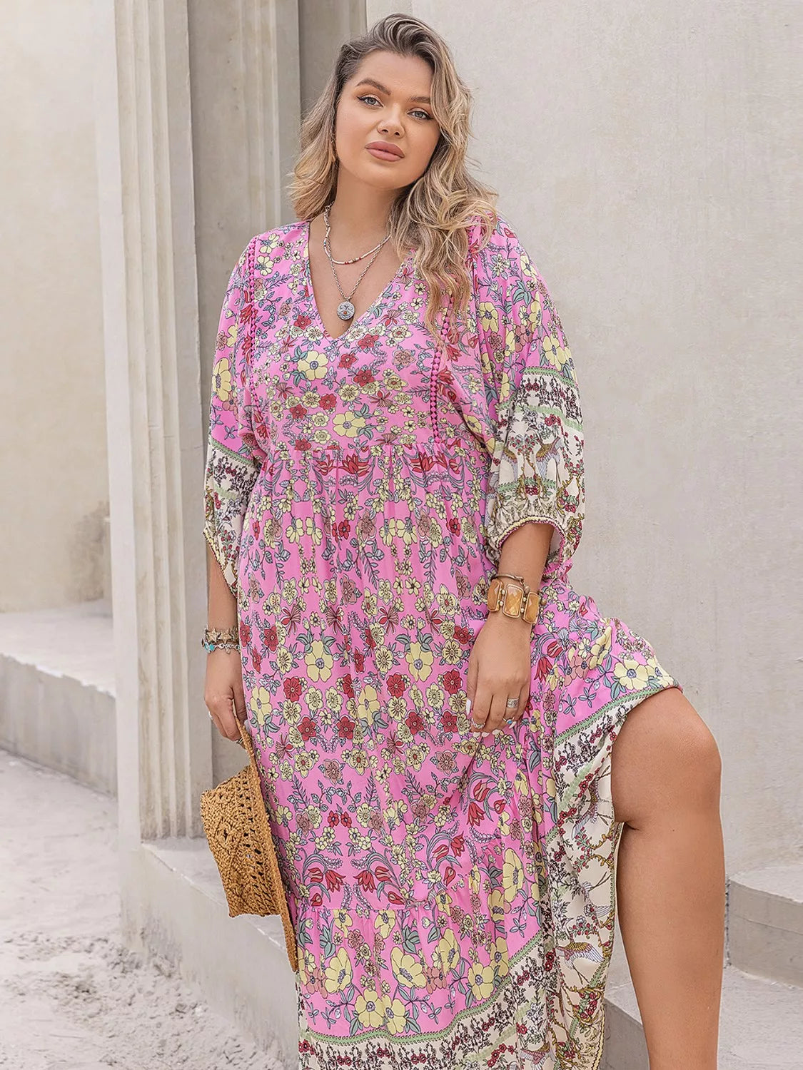 Plus Size Bohemian Floral Tiered Maxi Dress - Basic.