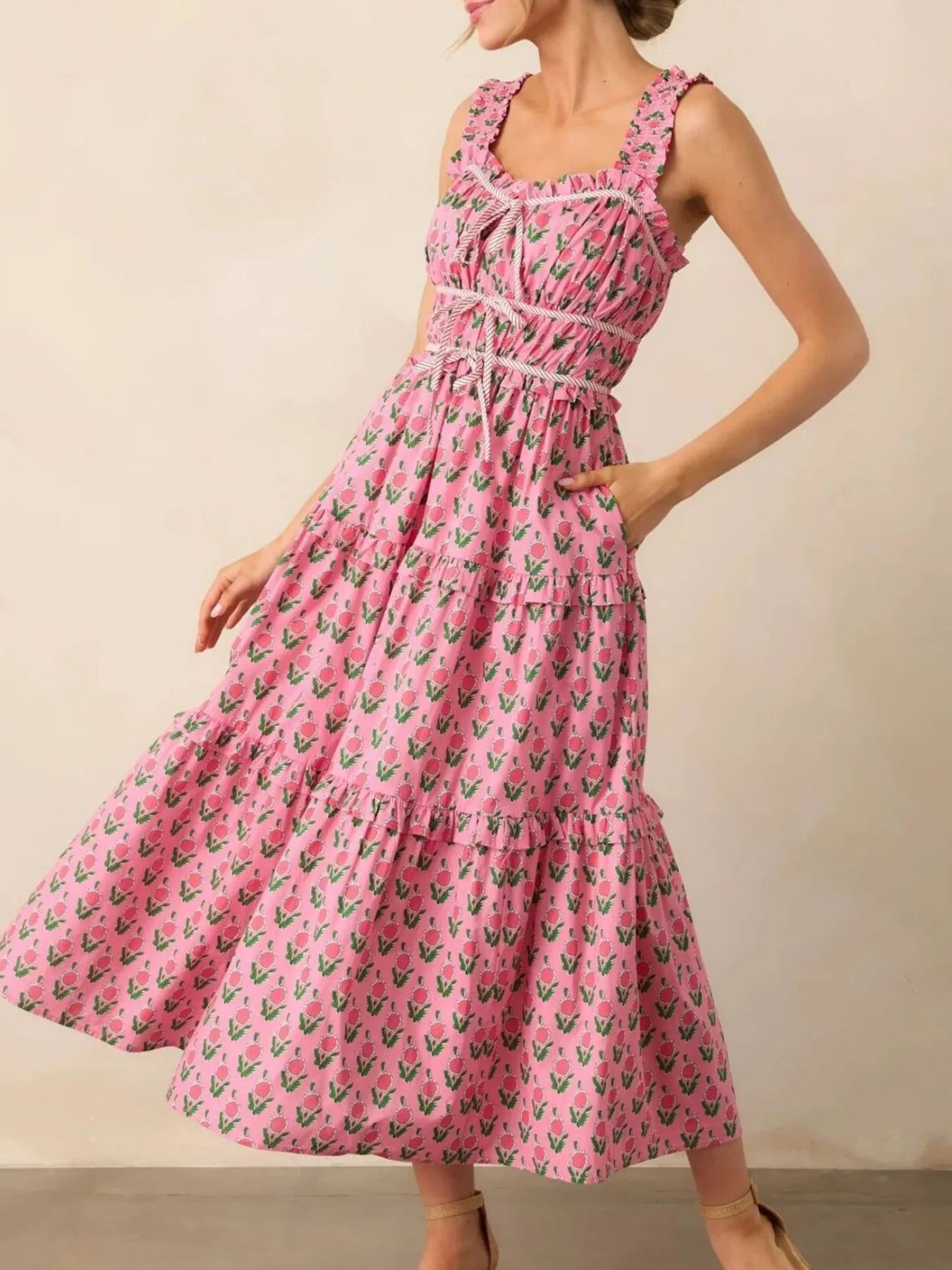Floral Print Single Shoulder Maxi Dress - Ruffled.