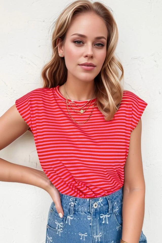 Stripe Ribbed Cap Sleeve Round Neck T Shirt