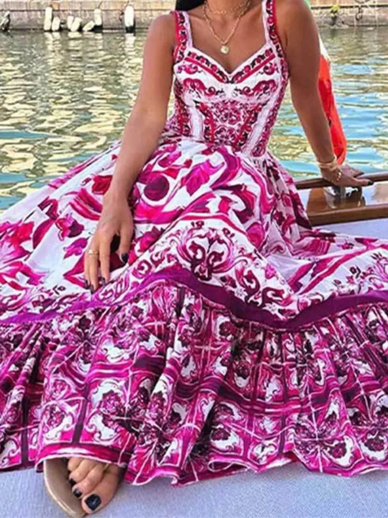 Printed Tie Neck Balloon Sleeve Dress.