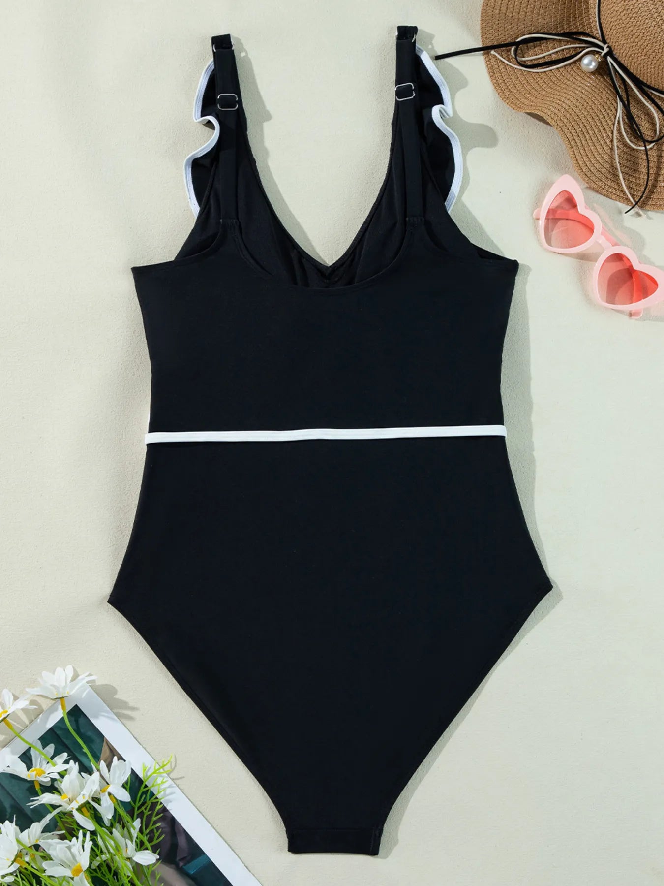 Ruffle Trim V-Neck One-Piece Swimsuit with Removable Padding.