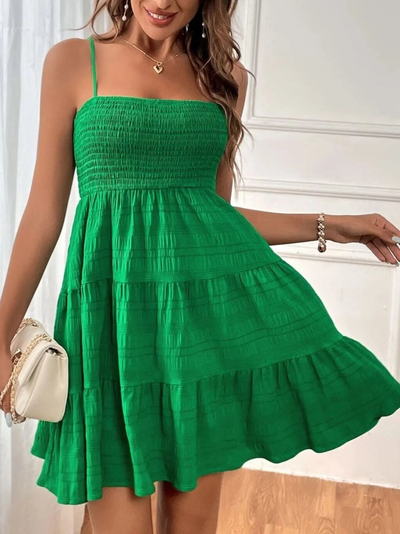 Smocked V-Neck Balloon Sleeve Dress - Decorative Button.