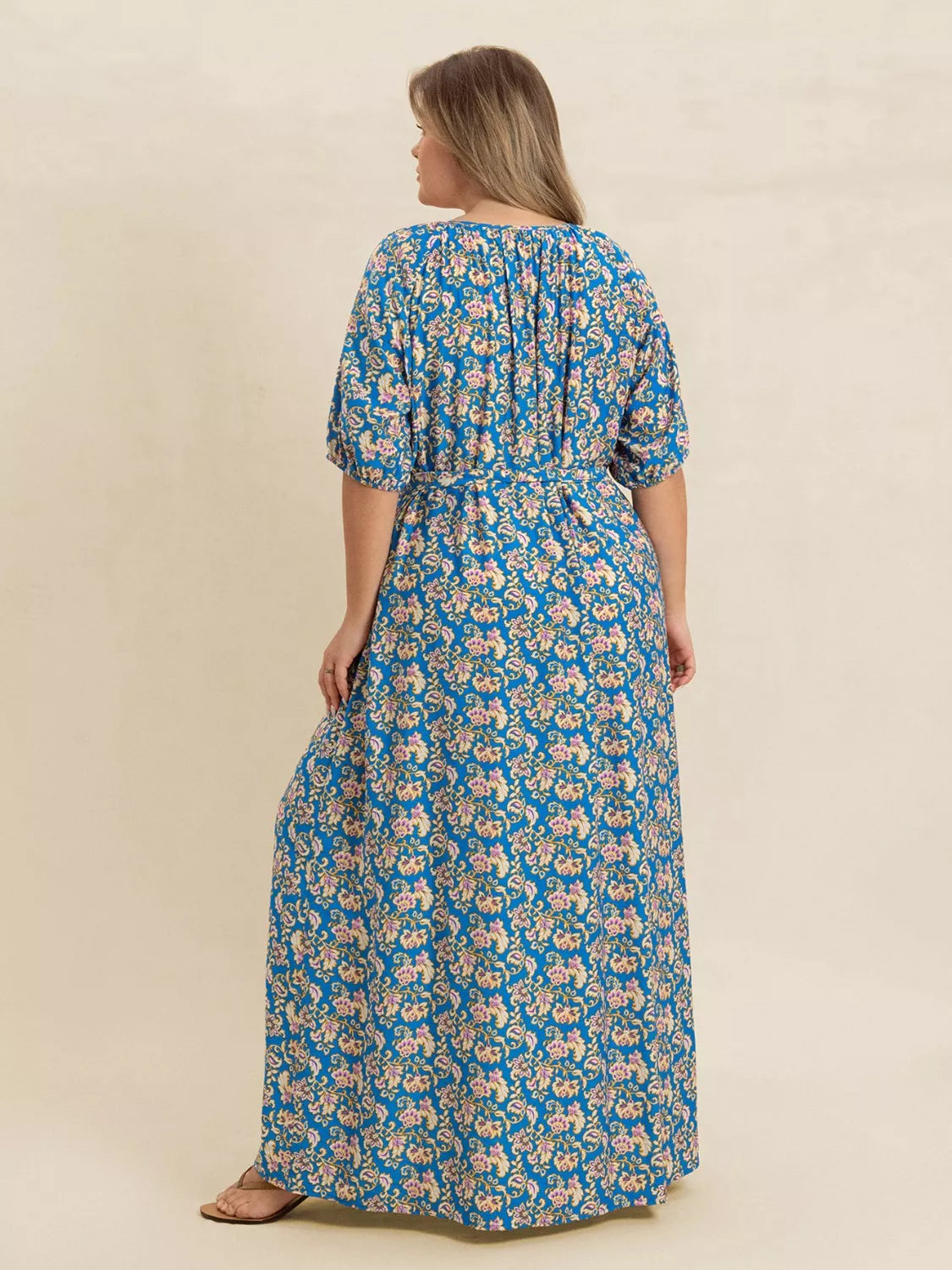 Plus Size Floral Print V-Neck Maxi Dress with Flutter Sleeves - Tiered.