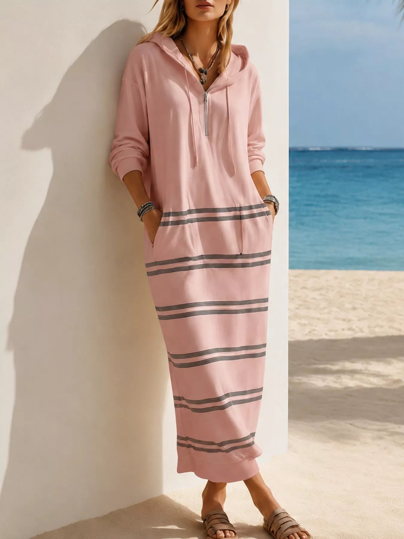 Striped hooded maxi dress with drawstring, pockets, zipper, and long sleeves in multiple colors