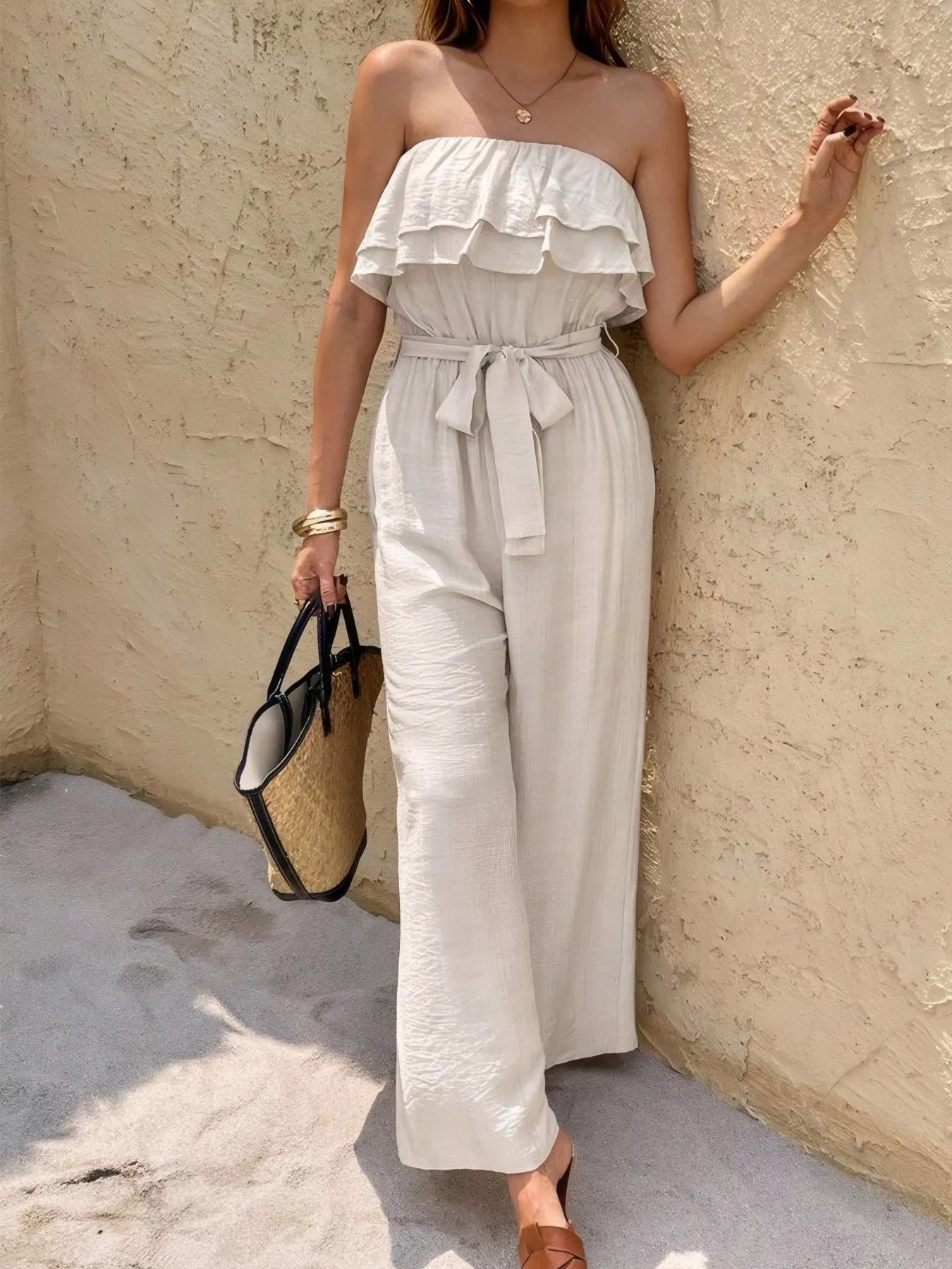 Off-Shoulder Ruffled Wide Leg Jumpsuit with Belt and Layers.