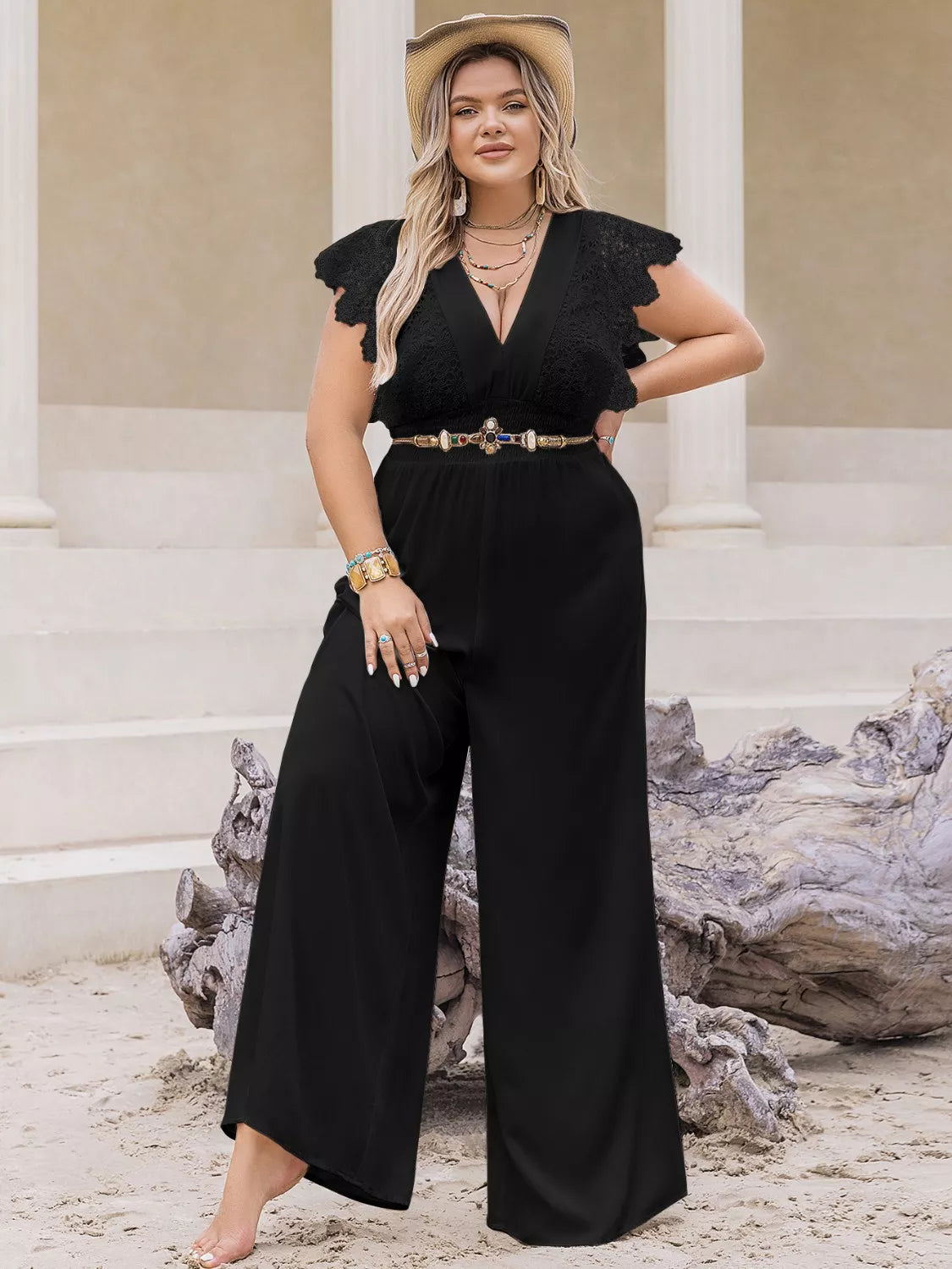 Plus Size Lace Cap Sleeve Wide Leg Jumpsuit with Buttons.