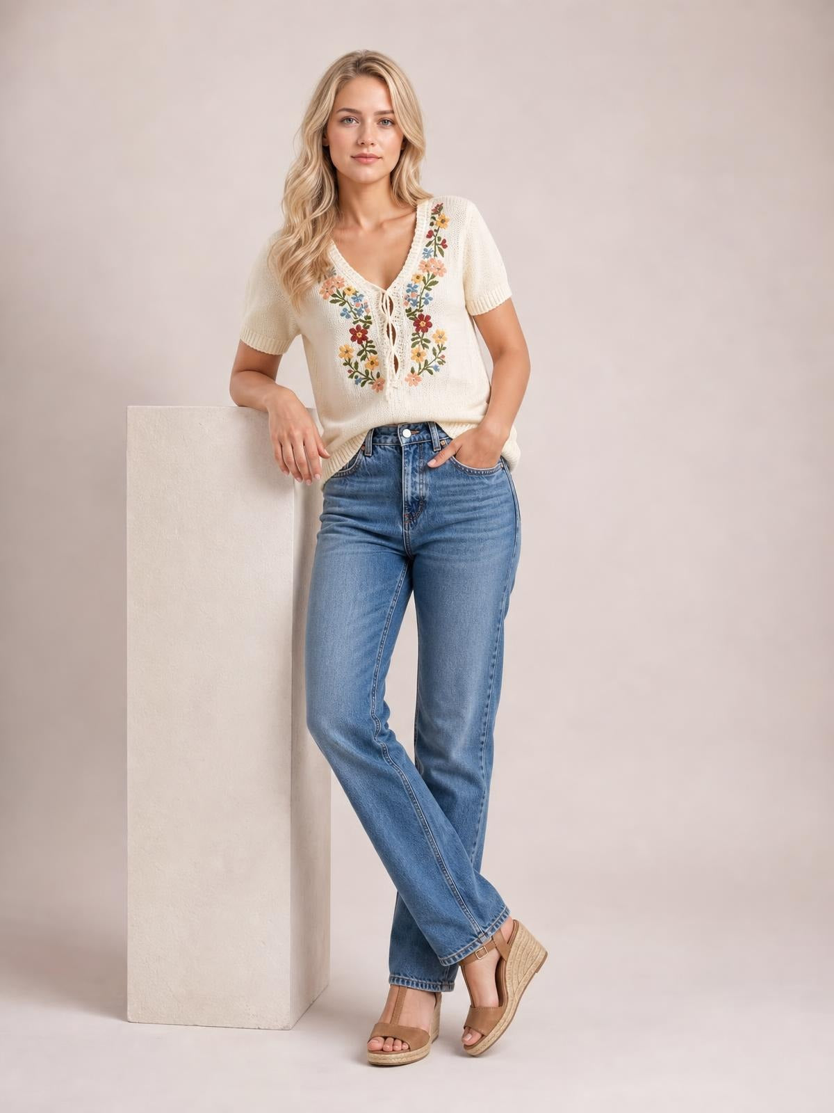 Model poses in a cream short-sleeve sweater with colorful floral embroidery, ribbed cuffs, and a V-neck with lace-up front detail.