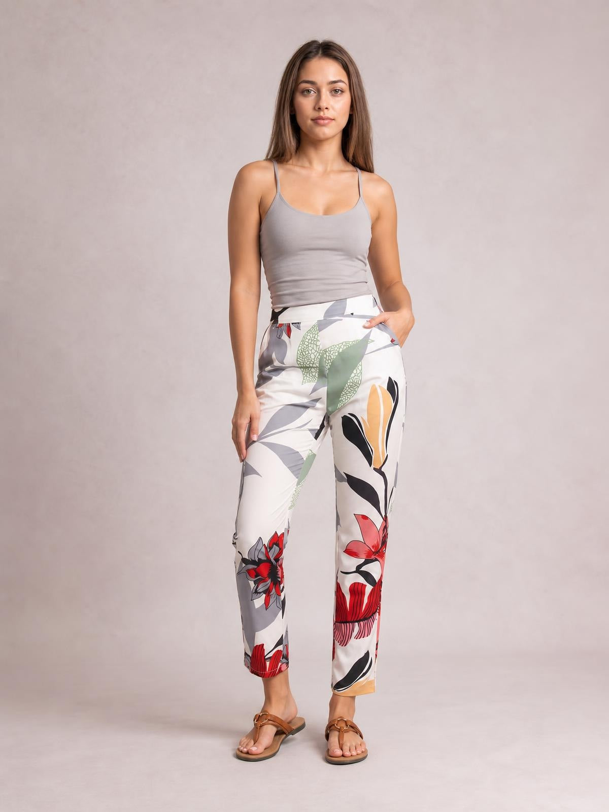 Floral Print Cropped Pants with Pockets · Hero Full Body