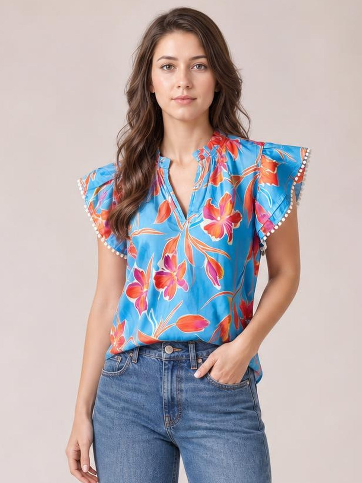 Floral Print Notched Pompom Trim Flutter Sleeve Blouse · Rule Full Body - Hero Full Body