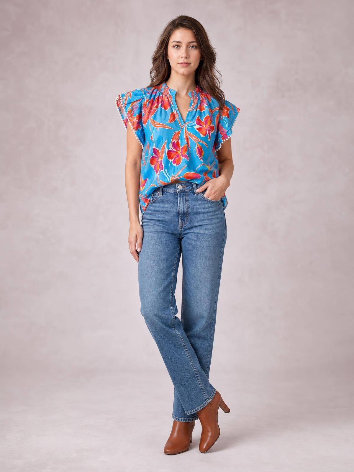 Floral Print Notched Pompom Trim Flutter Sleeve Blouse · Rule Full Body - Studio Prop · Medium / Three-Quarter