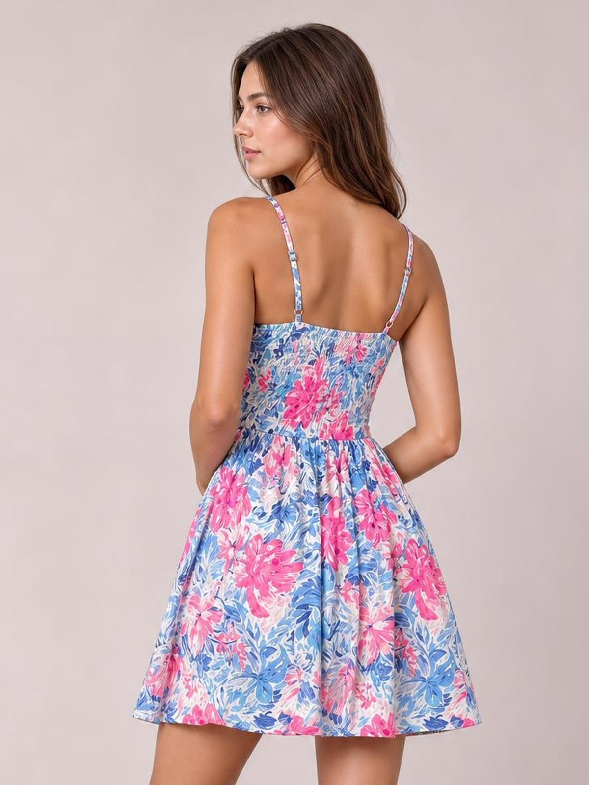 Floral Spaghetti Strap Surplice Neck Shirred Waist Mini Dress · Rule Full Body - Back View · Full / Three-Quarter