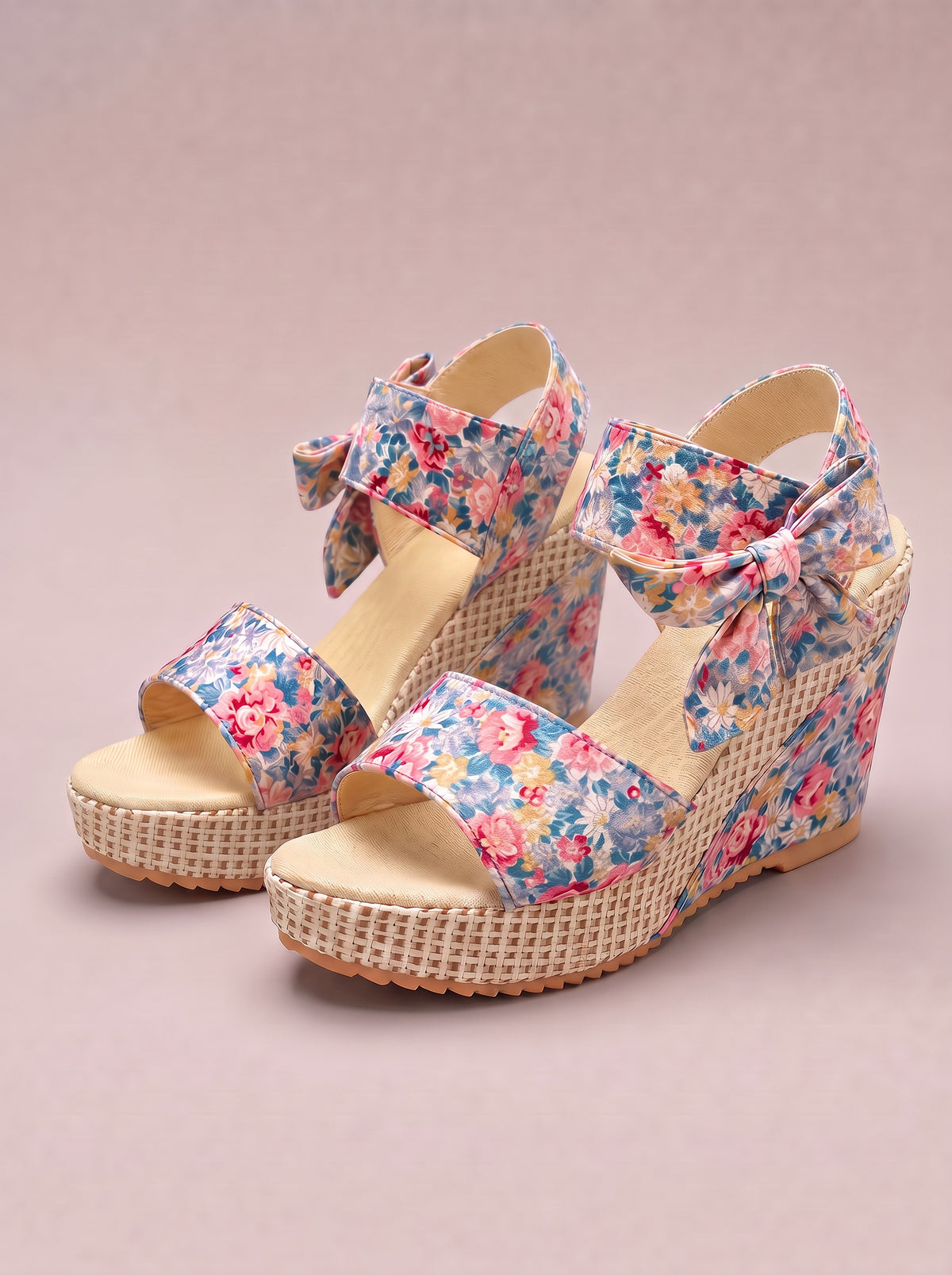Floral tied high heel sandals feature colorful flower-print straps, open toes, ankle ties, cushioned platforms, and textured woven wedge soles.