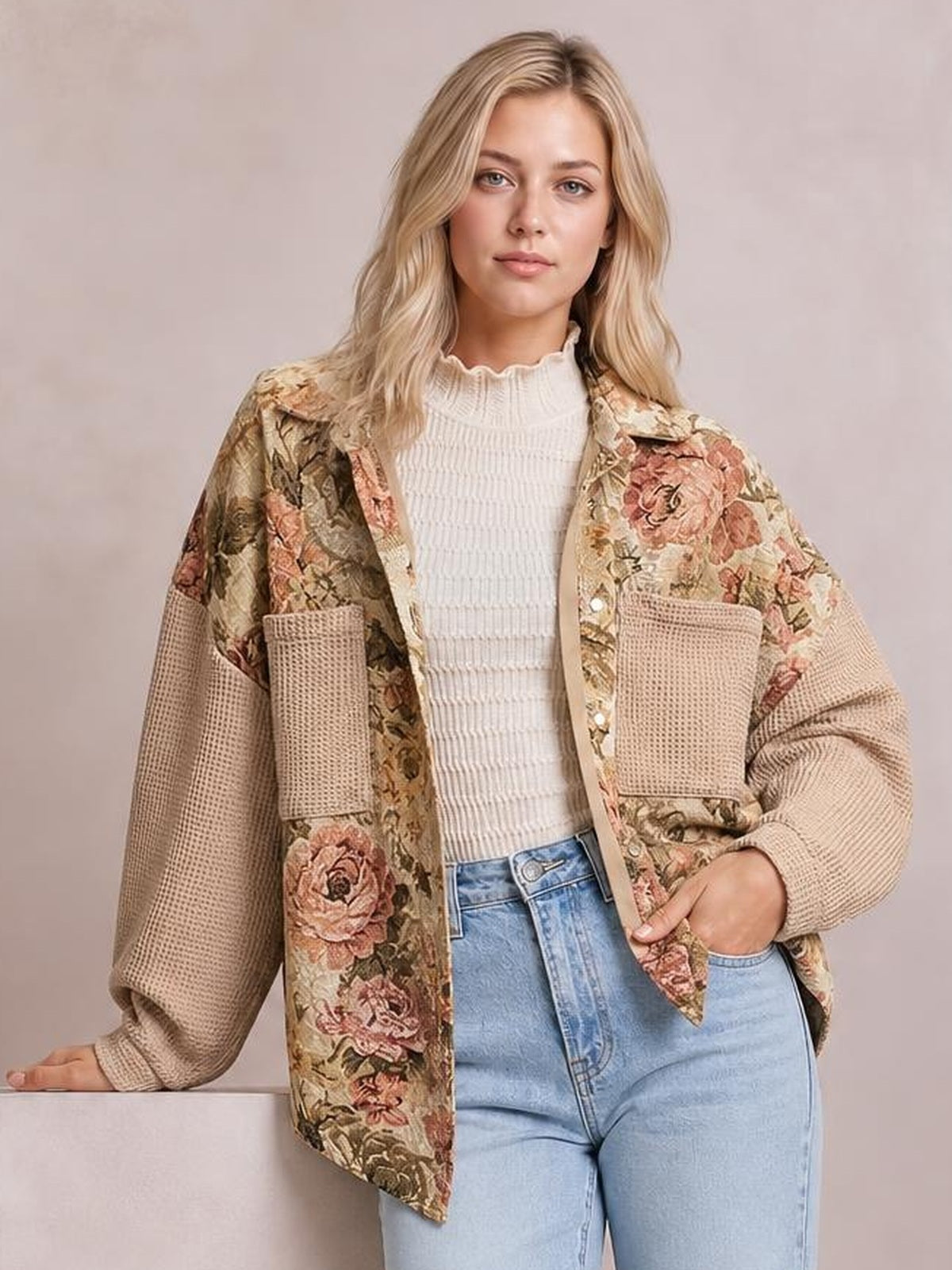 A woman wears a beige floral waffle-knit patchwork jacket with button front, contrasting knit sleeves, large patch pockets, and a relaxed silhouette.