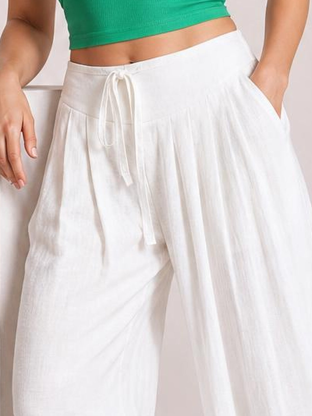 Flowy Wide Leg Pants with Drawstring Waist · Medium Editorial · Knee / Thigh Up