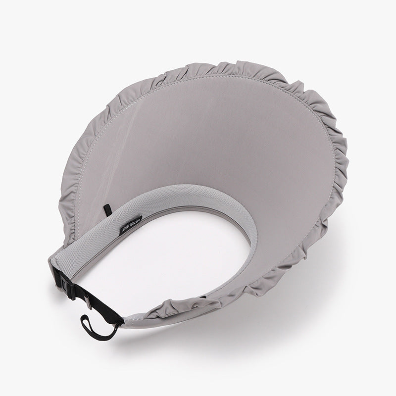 Light gray frill adjustable ice silk sun hat featuring a softly rounded visor, wide brim, gathered ruffle edging, and a visible chin strap.