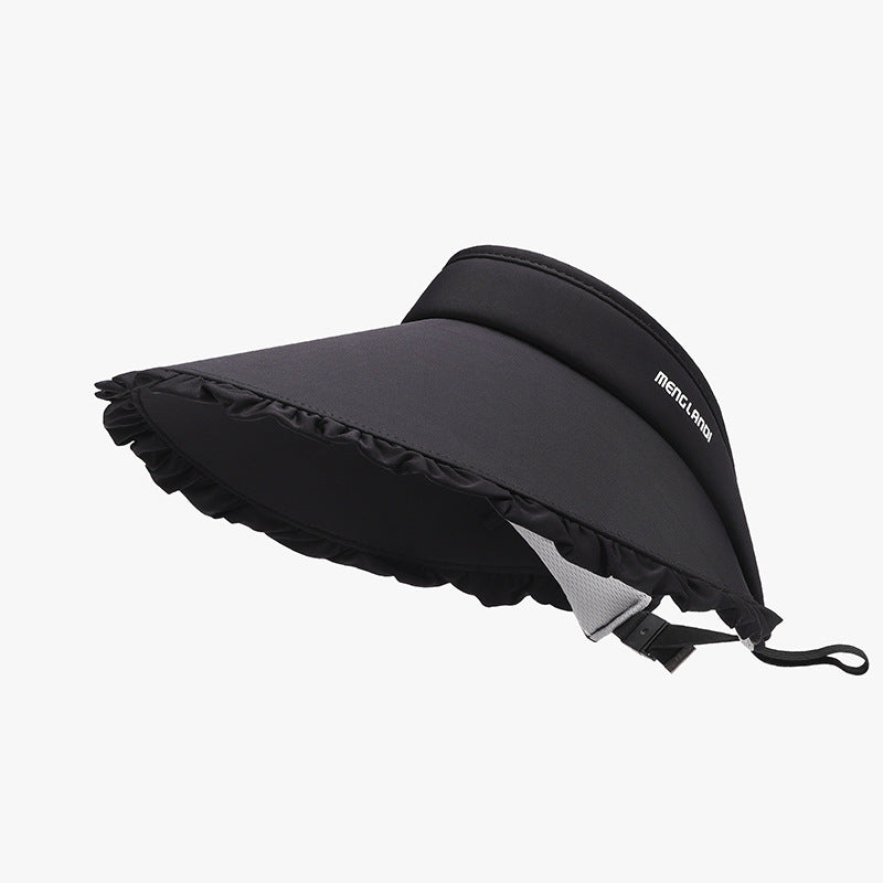 Black frill adjustable ice silk sun hat with a wide visor brim, softly rounded crown, gathered ruffle edging, and a visible chin strap.
