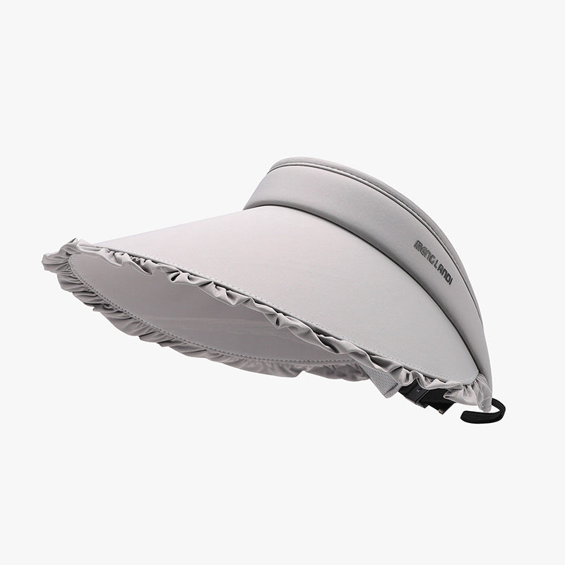 Light gray frill adjustable sun hat with a wide rounded visor, gathered ruffle edging, smooth ice silk construction, and a visible black chin strap.