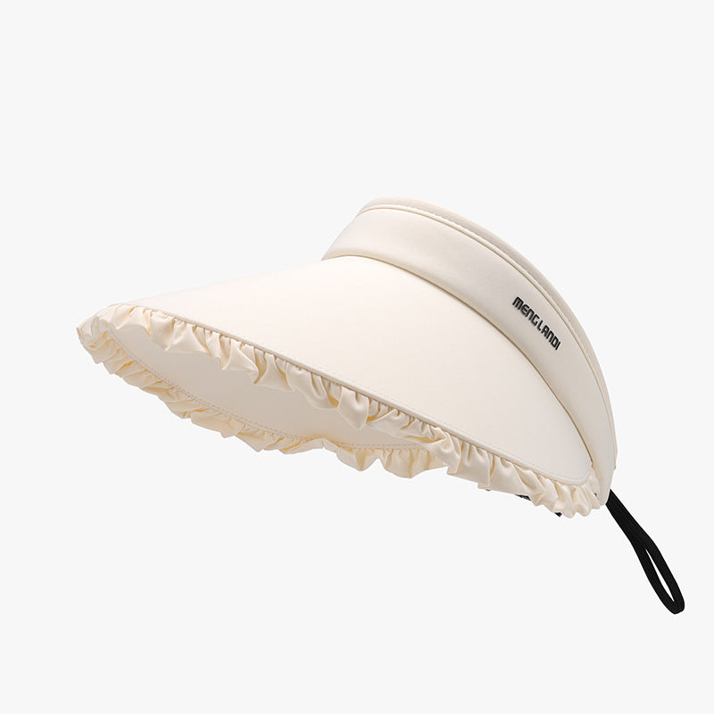 Cream frill adjustable ice silk sun hat with a wide visor brim, softly rounded silhouette, gathered ruffle edging, and visible black chin strap.