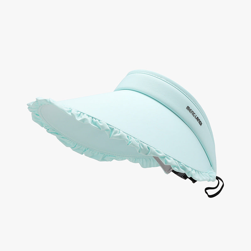 Pale blue frill adjustable ice silk sun hat with a wide brim, softly rounded visor silhouette, gathered ruffle edging, and visible chin strap.