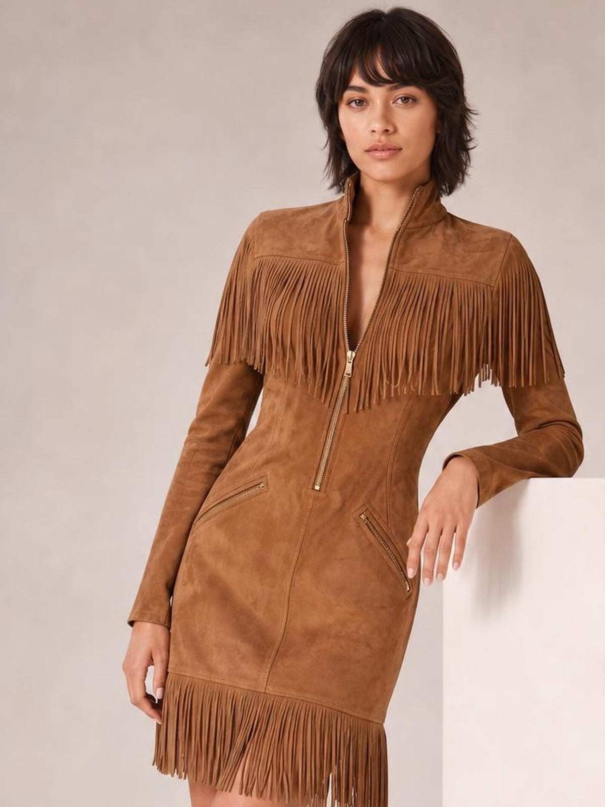A model leans against a ledge in a fitted brown zip-front mini dress with long sleeves, a stand collar, zip pockets, and dramatic fringe across the chest, sleeves, and hem.