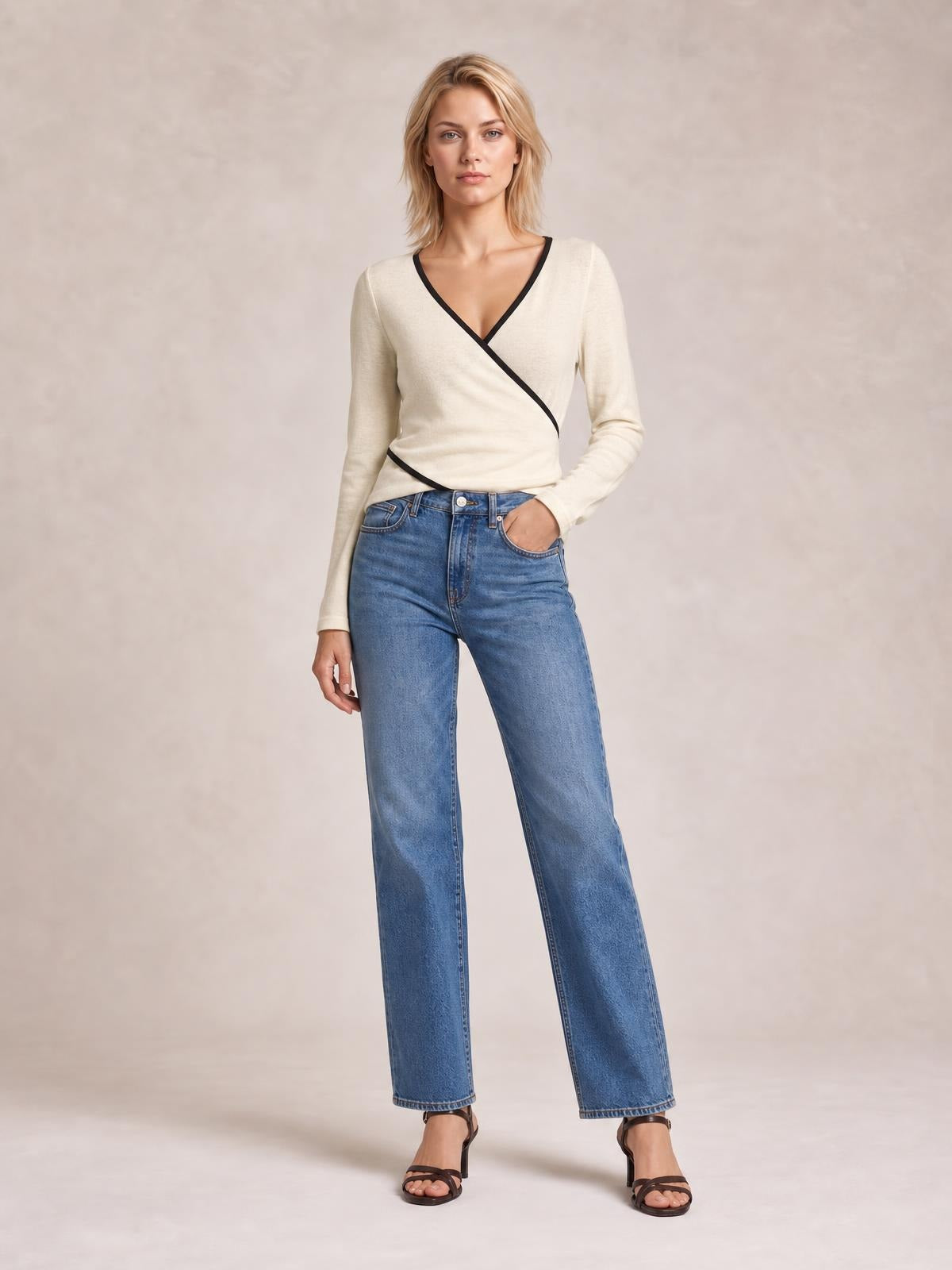 A model stands with one hand in her jeans pocket, wearing a cream long-sleeve T-shirt with a fitted silhouette, V-neck, and black crisscross contrast trim.