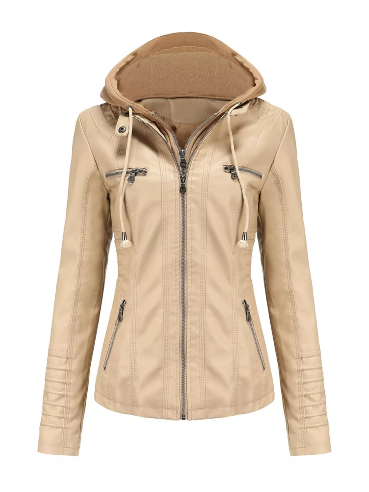 Beige faux leather moto jacket with a hood, fitted silhouette, full zip closure, seam detailing, multiple zip pockets, and drawstring ties.